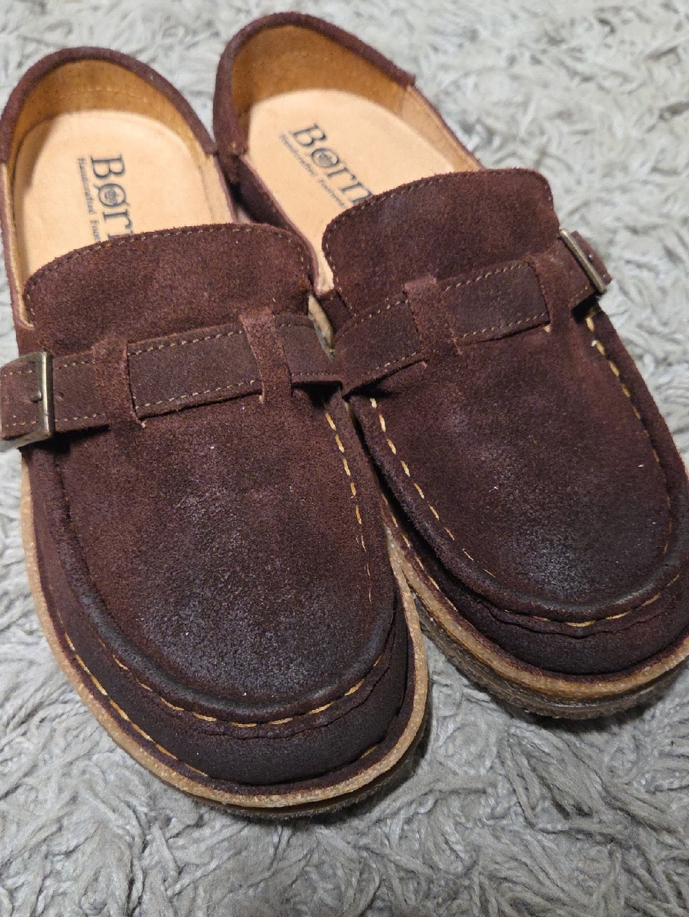 Born Brown Suede Slip-On Mules with Buckle Detail